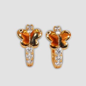 A pair of earrings with butterfly shape silhouette and diamonds on the ring of earrings.