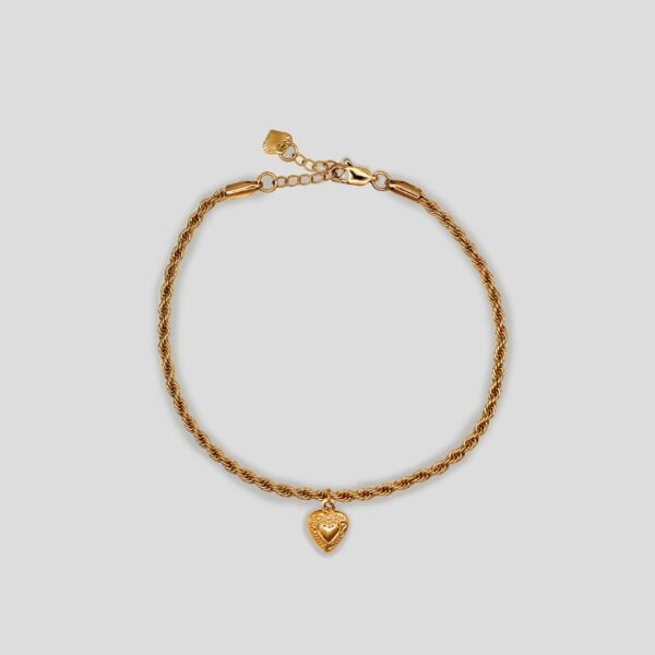 Gold-colored twisted rope chain anklet with the Heart pendent in the center, adjustable clasp, and heart charm.