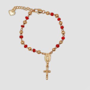 Gold-colored bracelet with red beads, featuring a religious medallion of the Virgin Mary and a hanging cross charm.