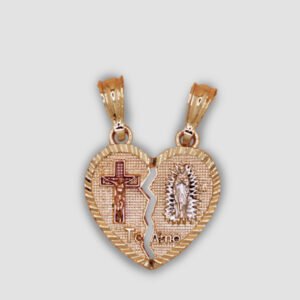 A gold color heart-shaped pendant that is split into two halves. On one half, there's a raised, textured cross, and on the other, an etched image of the Virgin Mary. Between them, the phrase "Te Amo" is engraved, which translates to "I Love You" in Spanish.