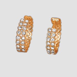 Gold-colored hoop earrings with double rows of sparkling simulant diamonds.