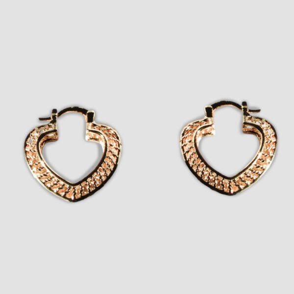 Gold-colored heart-shaped hoop earrings with a textured design.