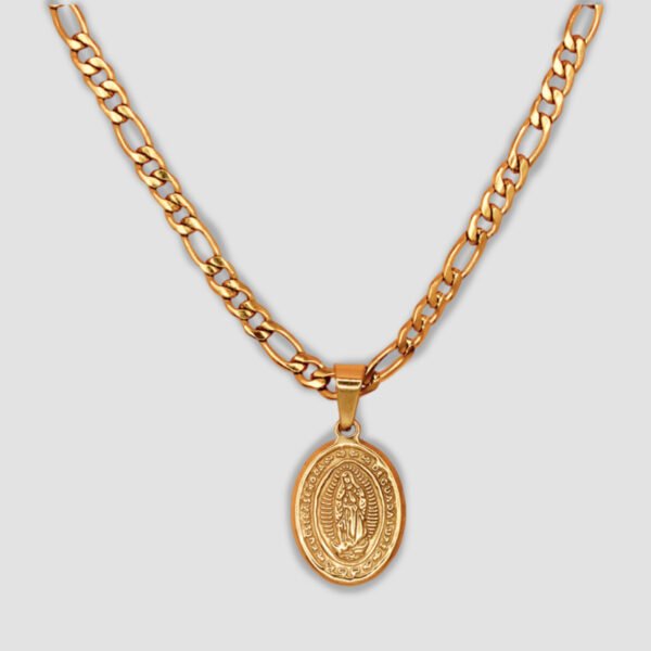 A necklace designed with a figaro chain and a richly detailed, oval-shaped pendant that features the Virgin Mary at its center.