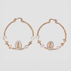 Gold-colored hoop earrings featuring a Virgin Mary medallion and small cross charms in various colors.