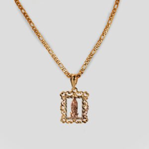 A display of a necklace with a figaro chain and square pendant with the Virgin Mary